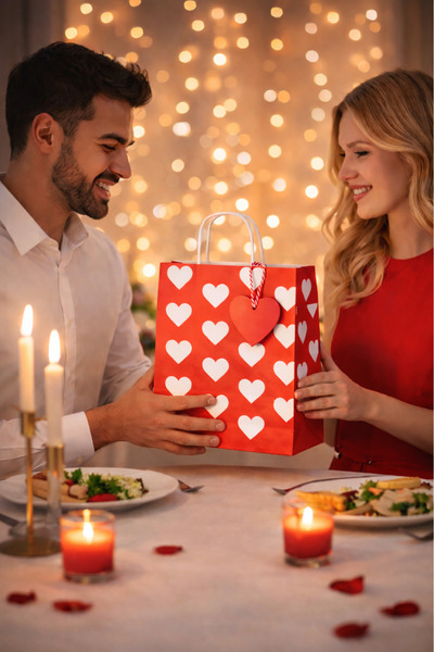 İnci Fix SET (Poşet+İp+ Kart) 25X31 Çok Kalpli Kırmızı Kraft Hediye Kutusu Ça...