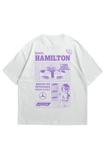 GlowUP Women's Men's White F1 Lewis Printed Oversize Crew Neck T-Shirt