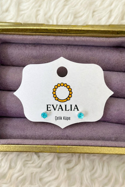 Evalia Takı Kadın Şık Turkuaz Tek Taş Paslanmaz Çelik Küpe