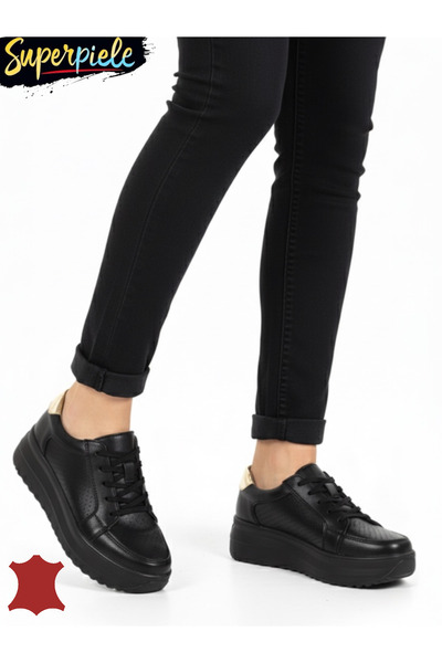 ANGEL BLUE Women's black and gold casual shoes made of genuine leather with h...