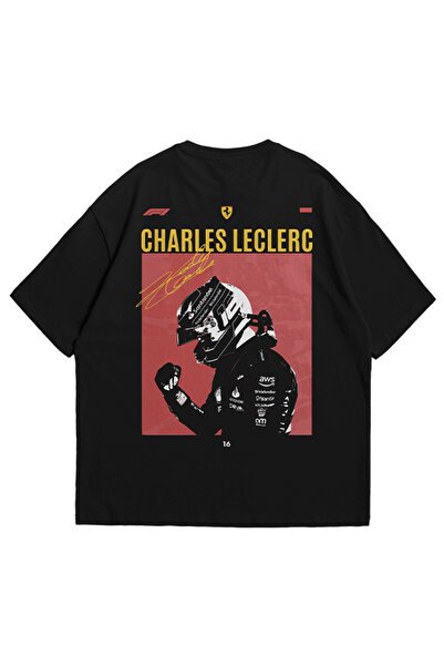 GlowUP Women's Men's Black F1 Charles Leclerc Printed Oversize Crew Neck T-Shirt