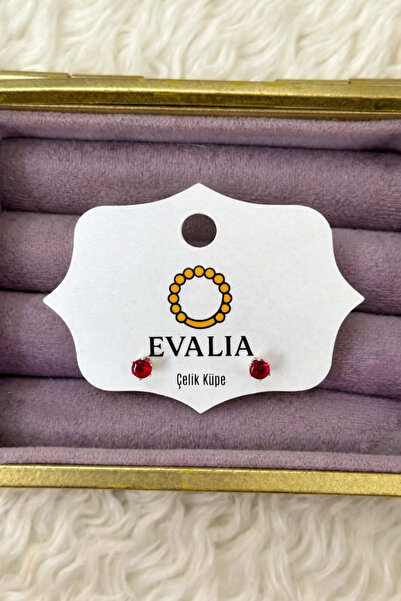 Evalia Takı Kadın Şık Kırmızı Tek Taş Paslanmaz Çelik Küpe