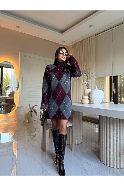 vişneli Bordo-Gri Vatkalı Baklava Desen Yün Tiftik Elbise