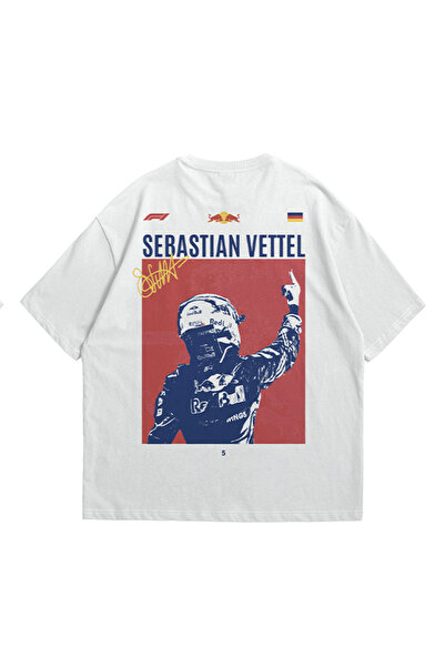 GlowUP Women Men White F1 Sebastian Vettel Printed Oversize Crew Neck T-Shirt