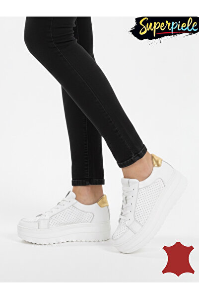 ANGEL BLUE Women's white and gold sports shoes made of genuine leather with h...