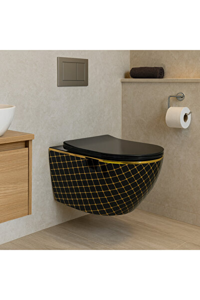 banyosepeti BlackGold – Desenli Siyah Gold Asma Klozet (Amortisörlü Kapak Dahil)