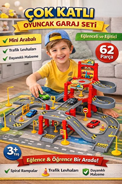 Retoys Oyuncak Mega Garajlı Pist Otoparklı Şehir Hayatı Trafik Levhaları 62 P...