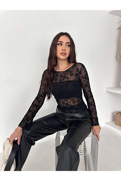 QETEENN Floral Patterned Transparent Flock Print Tulle Bodysuit