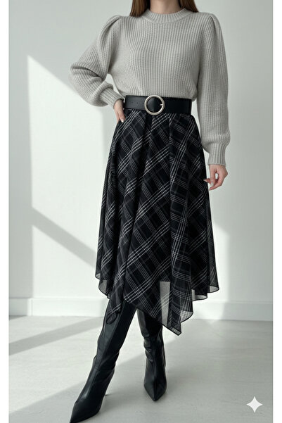 QETEENN Asimetrik Kesim Ekose Desenli Midi Boy Etek