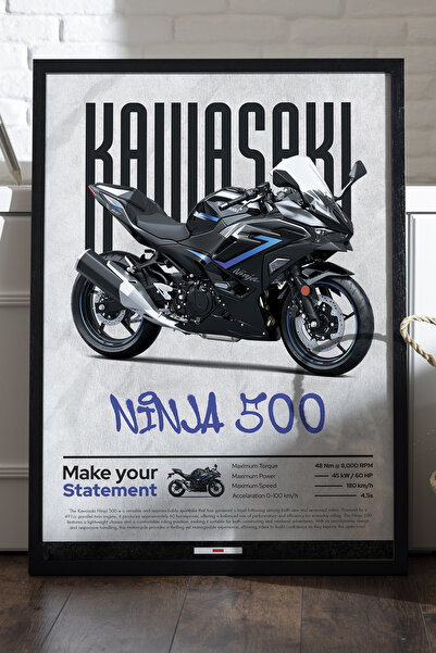 Duvarda Αφίσα Kawasaki Ninja 500 με μαύρο ξύλινο πλαίσιο, διακοσμητικός πίνακ...