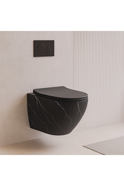 banyosepeti MarbleBlack – Mermer Desenli Siyah Asma Klozet (Amortisörlü Kapak...