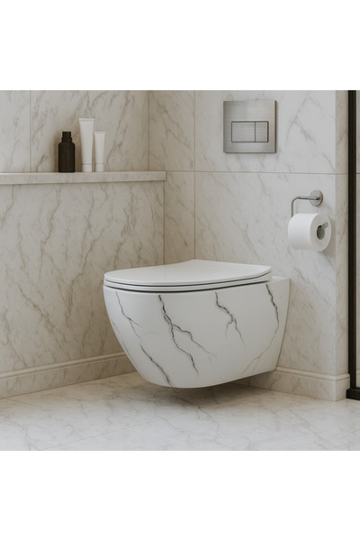 banyosepeti MarbleWhite – Mermer Desenli Beyaz Asma Klozet (Amortisörlü Kapak...