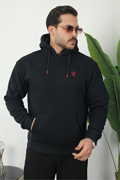 Vesli Erkek Siyah Kapşonlu Sweatshirt Üç İplik Şardonlu Günlük Rahat