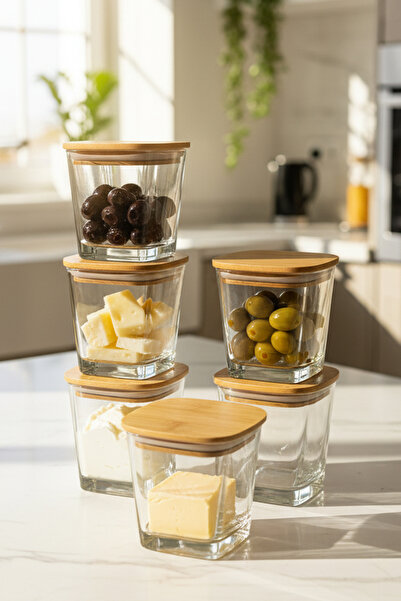 Amandus Lina - Set of 6 Natural Bamboo Vacuum Lid Glass Breakfast Multi-Purpo...