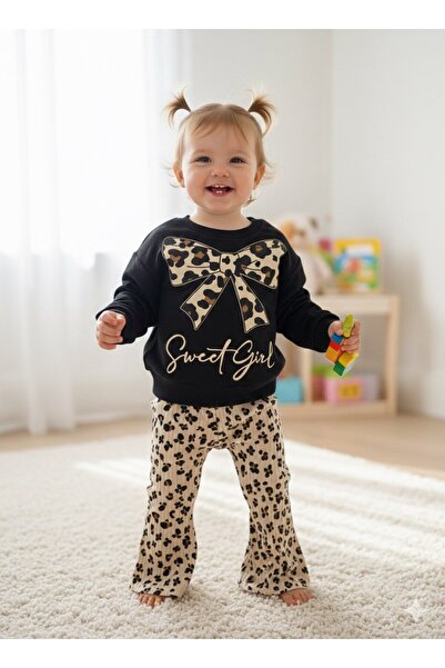 AYDEDE KİDS Girl's Leopard Printed Corded Fabric Set Cotton Long Sleeve Top a...