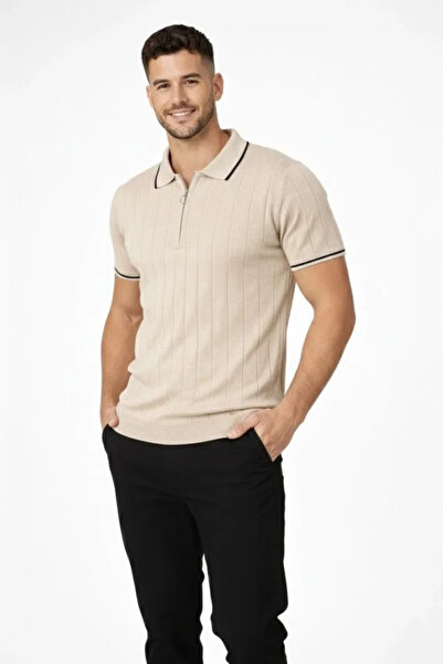 buğrahayalin Men's zippered collar Corded Fabric knitted short sleeve regular...