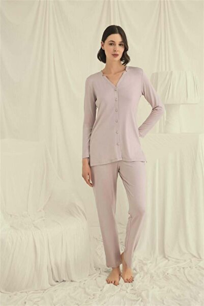 Motto10 butik Motto10Butik Long Sleeve Buttoned V-Neck Pajama Set