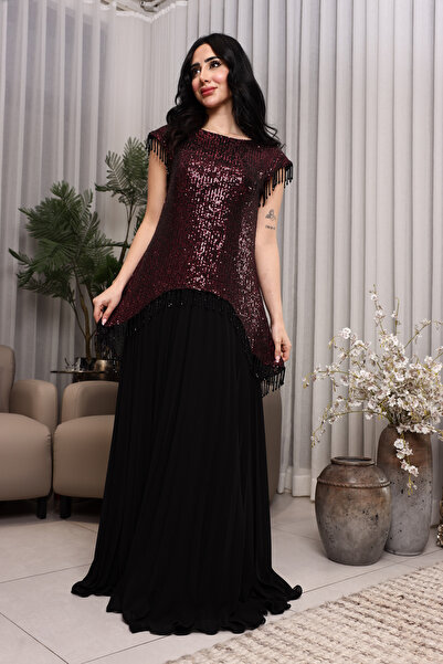 naseej Burgundy embroidered evening dress with elegant details