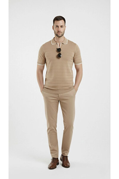 LUMİART Men's Knitwear Fabric Collared Buttonless Open Collar Corded Fabric S...