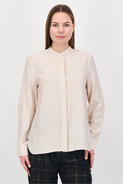 Bebe Women Band Collar Plain Long Sleeve Shirt, Cream