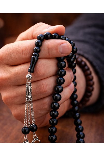 SUFİ TESBİH VE ESANS Onyx Stone Prayer Beads 8 mm – Shiny Black Natural Stone, Special Design with Imami and Chain Tassel Prayer Beads
