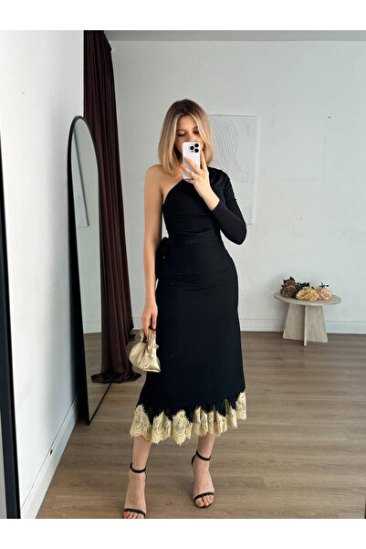 Misscix Kadın Altı Dantel Pileli Midi Boy Etek Abiye & Mezuniyet Elbisesi