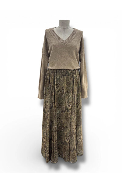 Butik Sütlü Kahve Şal Desenli Şifon Etek Modelimiz