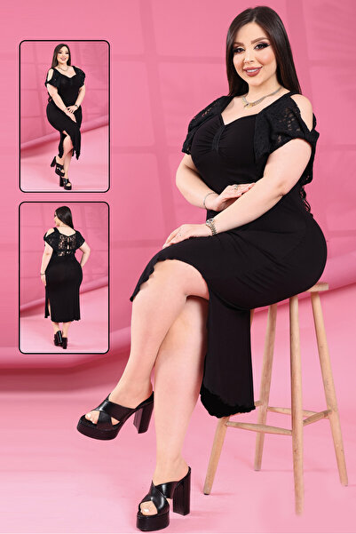 Berka Plus Size Black Slit Lace Long Dress - Stylish and Comfortable Design P...
