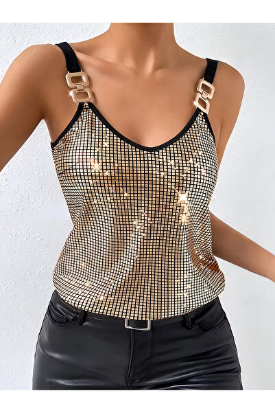 BALVA KONSEPT Kadın Siyah Askılı Gold Parıltılı Abiye Bluz