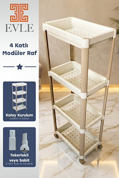 EVLE 4 Katlı Tekerlekli Modüler Raf Ünitesi - Çok Amaçlı Mutfak Banyo Balkon ...