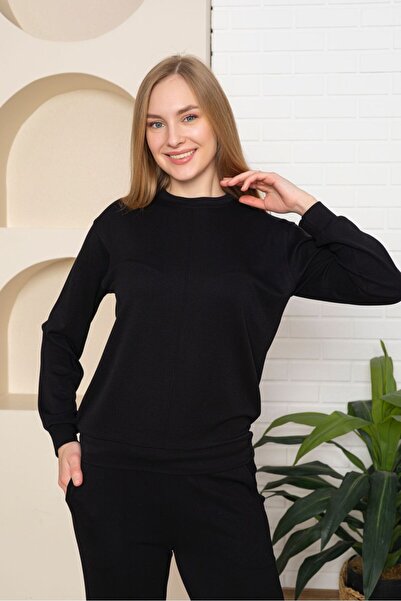 BAYLIN FASHION طقم مودال ليكرا أسود بياقة دائرية وجيوب