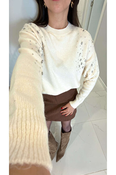 BİRCANÇİL Tricotaje Zontre crem cu pietre pe umeri