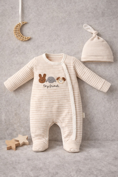 moukou 100% Cotton Newborn Baby Romper with Booties and Hat, Front Snap Faste...