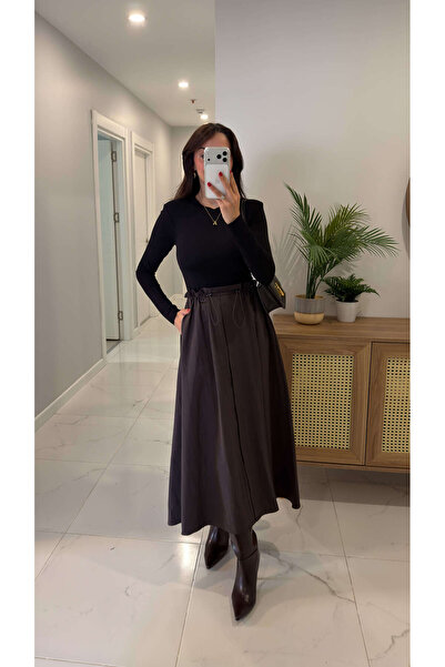 BİRCANÇİL Opya Μαύρο Καφέ Φόρεμα Premium με Ελαστική Μέση