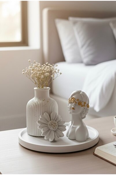 LALEZEN HOME Gold Tepsili Kadın Set- vazo kadın stant ve papatya çiçeği ( vaz...