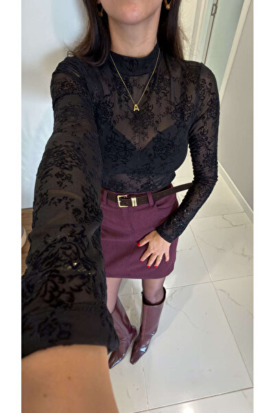 BİRCANÇİL Pondre Black Patterned Tulle Blouse