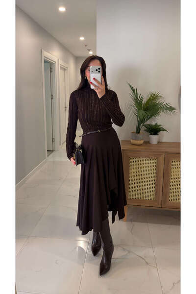 BİRCANÇİL Klori Kahve Premium Flared Belted Skirt