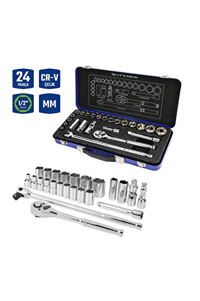 Workpro Wp202564 1/2'' Cr-V 24 Piece Metric Heavy Duty Socket Set