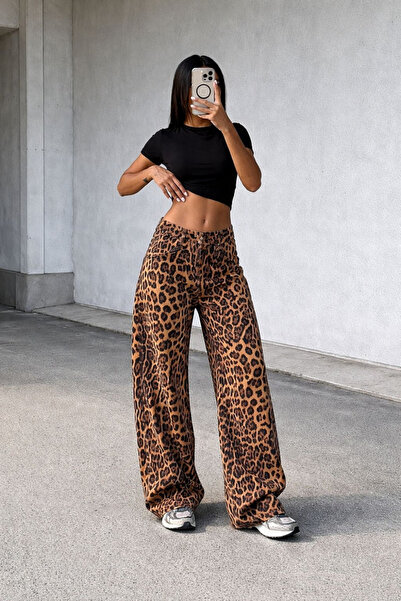 Swana Pantaloni de damă tip Palazzo din denim - Leopard