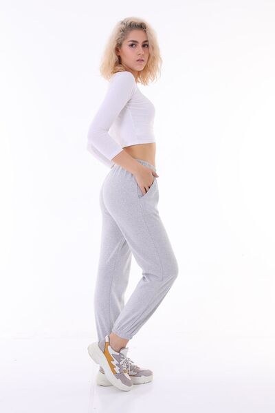 Trend Eşofman Γυναικείο γκρι ψηλόμεσο παντελόνι jogger με ελαστικά μανσέτες, ...