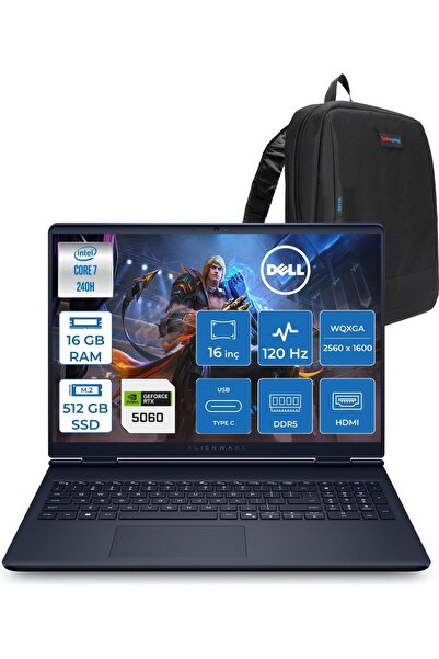 Dell Alienware 16AC16250 7 240H 16GB 512GBSSD FDOS 8gb RTX5060 16Inç 2K AC162...