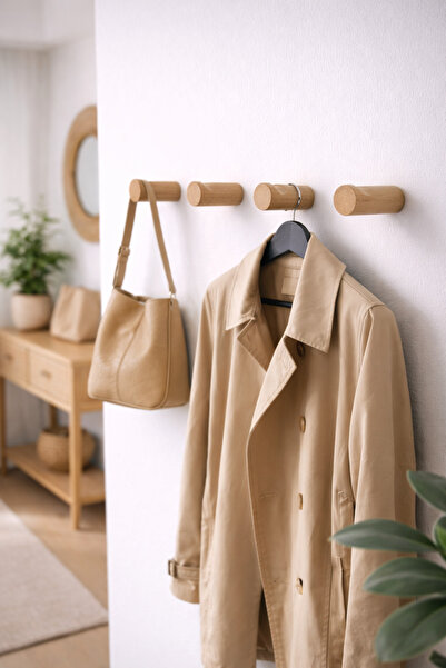 Tasarım Ahşap Duvar Askısı 4’lü – Doğal Kayın, Minimal Tasarım, Montajlı