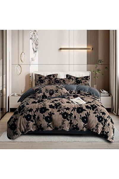 ANATOLIATEKSTILE Chinchilla Velvet Bedding Set, Fitted Sheet, Elegant Floral ...