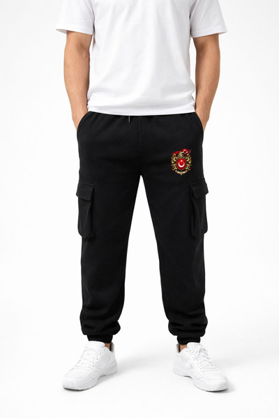 MODA Turkish Bozkurt Kurt Göktürkçe Printed Black Cargo Pocket Rubber Leg Men...