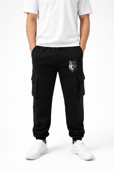 MODA Turkish Bozkurt Kurt Göktürkçe Printed Black Cargo Pocket Rubber Leg Men...