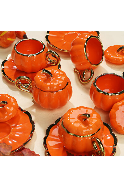 Gelincik Fincan Seti Takımı 6 Kişilik Bal Kabağı Kabaklı Porselen Turuncu Fin...