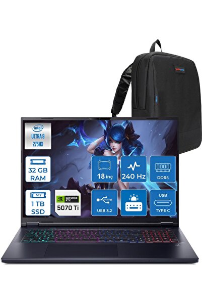ACER Predator Helios Neo 18 Ultra 9 275HX 32GB 1tbSSD 12GB/RTX5070Tİ 18" FDOS...