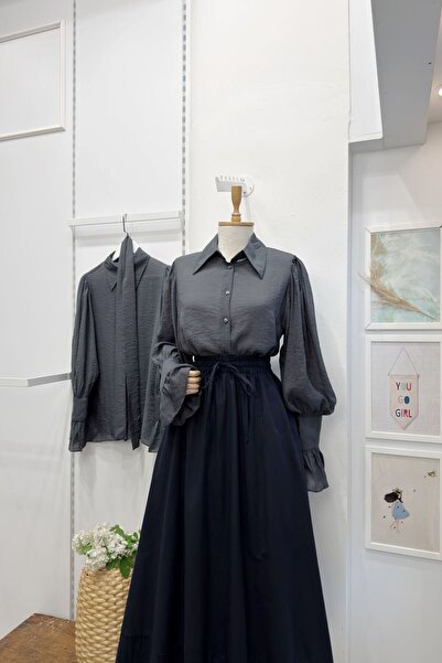 Faya Boutique Antrasit Kuşak Detaylı Alisia Gömlek