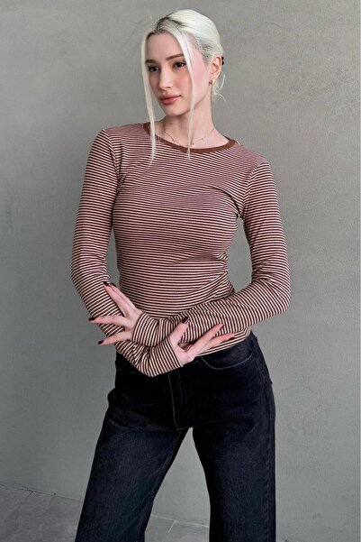 Madmext Brown Striped Long Sleeve Women's Bodysuit Mg2657