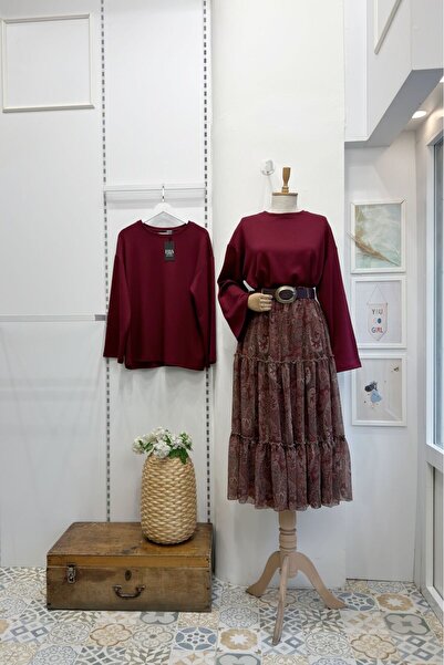 Faya Boutique Bordo Kat Kat Kemerli Şifon Etek